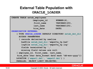 Copyright © 2005, Oracle. All rights reserved.18-34
External Table Population with
ORACLE_LOADER
CREATE TABLE extab_employees
(employee_id NUMBER(4),
first_name VARCHAR2(20),
last_name VARCHAR2(25),
hire_date DATE)
ORGANIZATION EXTERNAL
( TYPE ORACLE_LOADER DEFAULT DIRECTORY extab_dat_dir
ACCESS PARAMETERS
( records delimited by newline
badfile extab_bad_dir:'empxt%a_%p.bad'
logfile extab_log_dir:'empxt%a_%p.log'
fields terminated by ','
missing field values are null
( employee_id, first_name, last_name,
hire_date char date_format date mask "dd-mon-yyyy“))
LOCATION ('empxt1.dat', 'empxt2.dat') )
PARALLEL REJECT LIMIT UNLIMITED;
 