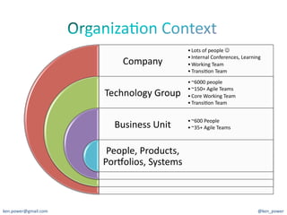• Lots	
  of	
  people	
  	
  
                                                      • Internal	
  Conferences,	
  Learning	
  
                                Company	
             • Working	
  Team	
  
                                                      • Transi7on	
  Team	
  
                                                      • ~6000	
  people	
  
                                                      • ~150+	
  Agile	
  Teams	
  
                          Technology	
  Group	
       • Core	
  Working	
  Team	
  
                                                      • Transi7on	
  Team	
  	
  	
  


                                                      • ~600	
  People	
  
                             Business	
  Unit	
       • ~35+	
  Agile	
  Teams	
  



                           People,	
  Products,	
  
                          PorYolios,	
  Systems	
  



ken.power@gmail.com	
                                                                        @ken_power	
  
 
