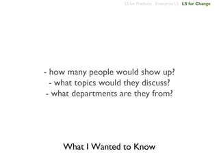 LS for Products Enterprise LS LS for Change




- how many people would show up?
  - what topics would they discuss?
 - what departments are they from?




     What I Wanted to Know
 