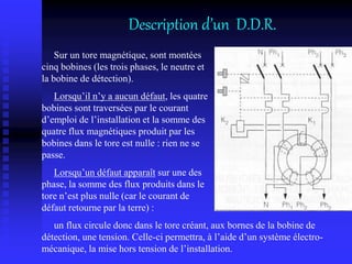 Description d’un D.D.R.
Sur un tore magnétique, sont montées
cinq bobines (les trois phases, le neutre et
la bobine de détection).
Lorsqu’il n’y a aucun défaut, les quatre
bobines sont traversées par le courant
d’emploi de l’installation et la somme des
quatre flux magnétiques produit par les
bobines dans le tore est nulle : rien ne se
passe.
Lorsqu’un défaut apparaît sur une des
phase, la somme des flux produits dans le
tore n’est plus nulle (car le courant de
défaut retourne par la terre) :
un flux circule donc dans le tore créant, aux bornes de la bobine de
détection, une tension. Celle-ci permettra, à l’aide d’un système électro-
mécanique, la mise hors tension de l’installation.
 