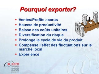 Pourquoi exporter?
 Ventes/Profits accrus
 Hausse de productivité
 Baisse des coûts unitaires
 Diversification du risque
 Prolonge le cycle de vie du produit
 Compense l’effet des fluctuations sur le
marché local
 Expérience
 