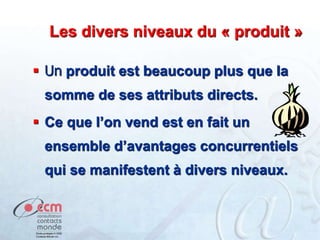 Les divers niveaux du « produit »
 Un produit est beaucoup plus que la
somme de ses attributs directs.
 Ce que l’on vend est en fait un
ensemble d’avantages concurrentiels
qui se manifestent à divers niveaux.
 