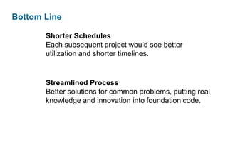 Bottom Line
Shorter Schedules
Each subsequent project would see better
utilization and shorter timelines.

Streamlined Process
Better solutions for common problems, putting real
knowledge and innovation into foundation code.

 