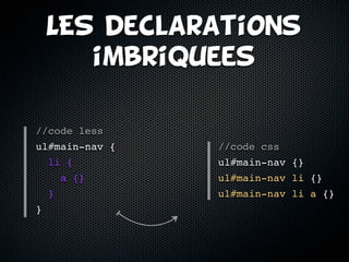 LES declarations
       imbriquees


//code less
ul#main-nav {   //code css
    li {        ul#main-nav {}
        a {}    ul#main-nav li {}
    }           ul#main-nav li a {}
}
 