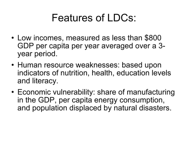 Visual representation of characteristics associated with Less Developed Countries, including factors like poverty, agriculture, and population growth.