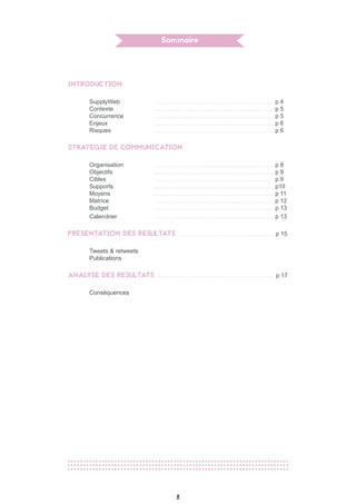 2
Sommaire
INTRODUCTION
SupplyWeb ........................................................................ p 4
Contexte ........................................................................ p 5
Concurrence ........................................................................ p 5
Enjeux ........................................................................ p 6
Risques ........................................................................ p 6
STRATEGIE DE COMMUNICATION
Organisation ........................................................................ p 8
Objectifs ........................................................................ p 9
Cibles ........................................................................ p 9
Supports ........................................................................ p10
Moyens ........................................................................ p 11
Matrice ........................................................................ p 12
Budget ........................................................................ p 13
Calendrier ........................................................................ p 13
PRESENTATION DES RESULTATS .......................................................... p 15
Tweets & retweets
Publications
ANALYSE DES RESULTATS ....................................................................... p 17
Conséquences
 