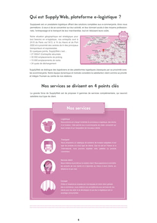 4
Qui est SupplyWeb, plateforme e-logistique ?
Notre situation géographique est stratégique pour
tout besoins en e-logistique, nos entrepôts sont à
2h15 de Paris via l’A13, à 1h du Havre et de Port
2000 et à proximité des centres de tri des principaux
transporteurs et expressistes.
En quelques points, SupplyWeb c’est…
• 27 500m² d’entrepôts sécurisés
• 35 000 emplacements de picking
• 15 000 emplacements de racks
• 34 quais de déchargement
Conseil
Grâce à l’experience acquise par nos équipes et notre vision globale
des e-commerce, nous mettons nos compétences aux services de nos
clients pour les aider à se développer et que leur e-logistique soit un
avantage concurrentiel.
Nos services
Liens
Nos services se divisent en 4 points clés
Logistique
Nous prenons en charge l’entièreté du processus e-logistique, des stocks
à la livraison. Cela permet aux e-commerçants de rester concentré sur
leurs ventes et sur l’acquisition de nouveaux clients.
Transport
Nous proposons un catalogue de solutions de livraison adaptées à tout
type de produits et à tout type de clients. Que ce soit en France ou à
l’international, nous pouvons expédier colis, palettes ou produits
volumineux
Service client
Nous mettons la priorité sur la relation client. Nous apprenons à connaître
les produits de nos clients et à répondre au mieux à leurs clients, au
téléphone et par mail.
Supplyweb est un prestataire logistique offrant des solutions complètes aux e-commerçants. Ainsi nous
permettons à ceux-ci de se concentrer sur leur activité, en leur donnant accès à des moyens profession-
nels, l’entreposage et le transport de leur marchandise, tout en réduisant leurs coûts.
SupplyWeb se distingue des logisticiens et des plateformes logistiques classiques par sa proximité avec
les ecommerçants. Notre équipe dynamique et motivée considère la satisfaction client comme sa priorité
et intègre l’humain au centre de nos relations.
La grande force de SupplyWeb est de proposer 4 gammes de services complémentaire, qui sauront
satisfaire tout type de client.
 