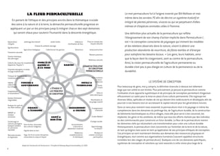 Le mot permaculture fut à l’origine inventé par Bill Mollison et moi-
même dans les années 70 afin de décrire un système évolutif et
intégré de plantes pérennes, vivaces ou qui se perpétuent d’elles-
mêmes et d’espèces animales utiles à l’homme.
Une définition plus actuelle de la permaculture qui reflète
l’élargissement de son champ d’action implicite dans Permaculture I,
est « la conception consciente de paysages qui miment les modèles
et les relations observés dans la nature, visant à obtenir une
production abondante de nourriture, de fibres textiles et d’énergie
pour satisfaire les besoins locaux. » Les gens, leurs habitats, ainsi
que la façon dont ils s’organisent, sont au centre de la permaculture.
Ainsi, la vision permaculturelle de l’agriculture permanente ou
durable s’est peu à peu élargie en culture de la permanence ou de la
durabilité.
LE SYSTÈME DE CONCEPTION
Pour beaucoup de gens, moi y compris, la définition énoncée ci-dessus est tellement
large que son utilité en est limitée. Plus précisément, je perçois la permaculture comme
l’utilisation d’une approche systémique et de principes de conception permettant d’organiser
efficacement un cadre pour la mise en place d’une culture permanente. Elle regroupe les
diverses idées, aptitudes et modes de vie qui doivent être redécouverts et développés afin de
pourvoir à nos besoins tout en accroissant le capital naturel pour les générations futures.
Dans ce sens plus restreint mais essentiel, la permaculture n’est ni le paysage ni même les
compétences dans les domaines du jardinage bio, de l’agriculture durable, de la construction
de bâtiments bioclimatiques ou d’éco-villages, mais elle peut servir à les concevoir, les
implanter, les gérer et les améliorer, de même que tous les efforts réalisés par des individus
ou des communautés pour construire un futur durable. La fleur de la permaculture montre
les domaines clefs qui nécessitent une transformation pour créer une culture durable.
Historiquement, la permaculture s’est concentrée sur l’entretien de la terre et de la nature,
en tant qu’origine mais aussi en tant qu’application de ses principes éthiques de conception.
Ces principes se sont maintenant étendus aux domaines des ressources physiques et
énergétiques, tout comme aux organisations humaines (souvent appelées structures
invisibles lors des stages de permaculture). Quelques-uns de ces domaines spécifiques,
systèmes de conception et solutions qui sont associés à cette vision plus large de la
3
La Fleur Permaculturelle
En partant de l’éthique et des principes ancrés dans la thématique cruciale
des soins à la nature et à la terre, la démarche permaculturelle progresse en
appliquant un par un les principes jusqu’à intégrer chacun des sept domaines
qui seront vitaux pour soutenir l’humanité dans la descente énergétique.
Adapté de l’introduction de Permaculture : Principles & Pathways Beyond Sustainability. (c) 2002.
2
Collecte et
réutilisation de l’eau
Matériaux naturels
Autoconstruction
Maisons passives
Prise en compte des
risques naturels
Micro-turbines
et micro-
éoliennes
Outils
à main
Vélos et
vélos électriques
Réutilisation et
recyclage inventif
Enseignement
à domicile
Ecoles Waldorf
Musique et
création artistique
participative
Ecologie sociale
Apprentissage
“en faisant”
Accouchement
à domicile et
allaitement maternel
Médecines
complémentaires
et holistiques
Yoga, Tai Chi et autres disciplines
réconciliant le corps et l’esprit
Dignité dans la mort
Sens du lieu, renouveau
des cultures indigènes
Monnaies locales
et régionales
Covoiturage et
voitures partagées
Epargne solidaire
et commerce
équitable
Analyse du cycle de
vie, bilan carbone
Quotas d’émission
négociables
Habitat
collectif et
éco-villages
Pratique de l’écoute et du
consensus en réunion
Coopératives
et associations
Propriété aborigène, et droits
d’usage traditionnels
Gestion holistique
des pâturages
Collecte des eaux de ruissellement
(Approche “Keyline”)
Agroforesterie
Foresterie naturelle
Agriculture biologique
Jardinage bio-intensifAquaculture
intégrée
Chasse & cueillette sauvage
Jardin-forêts
Collectionner les graines Biotecture
WWOOF et
réseaux
similaires
L'ÉTHIQUE ET
LES PRINCIPES
DE CONCEPTION
FINANCE
& ÉCONOMIE
FONCIER &
GOUVERNANCE
SANTÉ &
BIEN-ÊTRE
ENSEIGNEMENT
& CULTURE
OUTILS &
TECHNOLOGIE
HABITAT
SOINS À LA
NATURE ET
À LA TERRE
DÉMARCHE ÉVOLUTIVE
DE CONCEPTION
PERMACULTURELLE
 