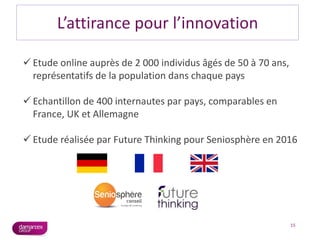 15
L’attirance pour l’innovation
 Etude online auprès de 2 000 individus âgés de 50 à 70 ans,
représentatifs de la population dans chaque pays
 Echantillon de 400 internautes par pays, comparables en
France, UK et Allemagne
 Etude réalisée par Future Thinking pour Seniosphère en 2016
 