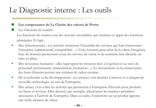Le Diagnostic interne : Les outils
- 46 -
 Les composantes de La Chaine des valeurs de Porter
 Les fonctions de soutien
Les fonctions de soutien sont des activités secondaires qui viennent en appui des fonctions
principales. Il s'agit :
 Des infrastructures : ces activités réunissent l'ensemble des services qui font fonctionner
l'entreprise (administratif, comptabilité…). Cette fonction peut créer de la valeur lorsqu'une
base de données permettant à tous les services de suivre et de connaître leur clientèle est
mise en place.
 Des ressources humaines : elles regroupent les missions liées à la gestion et au suivi du
personnel (recrutement, rémunération, formation…). Le recrutement ou la conservation
des bons éléments permet une création de valeur certaine.
 De la recherche et du développement : ces services sont destinés à innover et à intégrer de
nouvelles technologies au sein de l'entreprise.
 Des achats, c'est-à-dire les activités qui permettent à l'entreprise d'investir pour produire
ses biens et services. Elles doivent, par exemple, sélectionner les matières premières
nécessaires à l'activité de l'entreprise. Dans ce cadre, l'exclusivité sur un produit apporte
une réelle création de valeur.
 