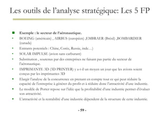 Les outils de l’analyse stratégique: Les 5 FP
- 59 -
 Exemple : le secteur de l’aéronautique.
• BOEING (américain) , AIRBUS (européen) ,EMBRAER (Brésil) ,BOMBARDIER
(canada)
• Entrants potentiels : Chine, Corée, Russie, inde…)
• SOLAR IMPULSE (avion sans carburant)
• Substitution , soutenus par des entreprises ne faisant pas partie du secteur de
l’aéronautique.
• IMPRIMANTE 3D (3D PRINTER) y a-t-il un moyen un jour que les avions soient
conçus par les imprimantes 3D
 Elargir l’analyse de la concurrence en prenant en compte tout ce qui peut réduire la
capacité de l’entreprise à générer du profit et à réduire donc l’attractivité d’une industrie.
 Le modèle de Porter repose sur l’idée que la profitabilité d’une industrie permet d’évaluer
son attractivité.
 L’attractivité et la rentabilité d’une industrie dépendent de la structure de cette industrie.
 