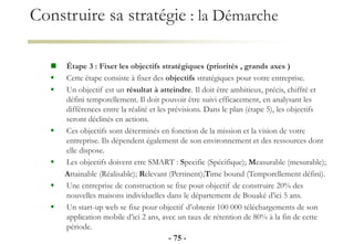 Construire sa stratégie : la Démarche
 Étape 3 : Fixer les objectifs stratégiques (priorités , grands axes )
 Cette étape consiste à fixer des objectifs stratégiques pour votre entreprise.
 Un objectif est un résultat à atteindre. Il doit être ambitieux, précis, chiffré et
défini temporellement. Il doit pouvoir être suivi efficacement, en analysant les
différences entre la réalité et les prévisions. Dans le plan (étape 5), les objectifs
seront déclinés en actions.
 Ces objectifs sont déterminés en fonction de la mission et la vision de votre
entreprise. Ils dépendent également de son environnement et des ressources dont
elle dispose.
 Les objectifs doivent etre SMART : Specific (Spécifique); Measurable (mesurable);
Attainable (Réalisable); Relevant (Pertinent);Time bound (Temporellement défini).
 Une entreprise de construction se fixe pour objectif de construire 20% des
nouvelles maisons individuelles dans le département de Bouaké d’ici 5 ans.
 Un start-up web se fixe pour objectif d’obtenir 100 000 téléchargements de son
application mobile d’ici 2 ans, avec un taux de rétention de 80% à la fin de cette
période.
- 75 -
 