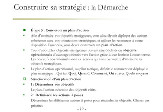 Construire sa stratégie : la Démarche
 Étape 5 : Concevoir un plan d’action
 Afin d’atteindre vos objectifs stratégiques, vous allez devoir déployer des actions
cohérentes avec vos orientations stratégiques, et utiliser les ressources à votre
disposition. Pour cela, vous devez construire un plan d’action.
 Tout d’abord, les objectifs stratégiques doivent être déclinés en objectifs
opérationnels d’avantage orientés vers l’action grâce à leur horizon à court terme.
Les objectifs opérationnels sont les actions qui vont permettre d’atteindre les
objectifs stratégiques.
 Le plan d’action opérationnel, ou plan tactique, définit le comment est déployé le
plan stratégique : Qui fait Quoi, Quand, Comment, Où et avec Quels moyens
 Structuration d’un plan d’action
 1 : Déterminer vos objectifs
Le plan d’action nécessite des objectifs clairs.
 2 : Définissez les actions à poser
Déterminez les différentes actions à poser pour atteindre les objectifs. Classer par
priorités
- 77 -
 