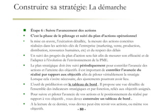 Construire sa stratégie: La démarche
 Étape 6 : Suivre l’avancement des actions
 C'est la phase de le pilotage et suivi du plan d’actions opérationnel
• la mise en œuvre, l’exécution détaillée, la mesure des actions concrètes
réalisées dans les activités clés de l’entreprise (marketing, vente, production,
distribution, ressources humaines, etc) et du respect des délais
 Un suivi des progrès du plan d’action sera fait afin de mesurer son efficacité et de
l’adapter à l’évolution de l’environnement de la PME.
 Le plan stratégique doit être suivi périodiquement pour contrôler l’avancée des
actions et l’atteinte des objectifs. il est important de contrôler l'avancée du
réalisé par rapport aux objectifs afin de piloter véritablement la stratégie
Lorsque cela s’avère nécessaire, des ajustements pourront avoir lieu.
 L'outil de prédilection est le tableau de bord . Il propose une vue détaillée de
l'ensemble des indicateurs stratégiques et par fonction, reliés aux objectifs assignés.
 Pour suivre et piloter l'avancée de vos actions et le positionnement du réalisé par
rapport à vos objectifs , vous devez construire un tableau de bord .
 A la lecture de ce dernier, vous devrez peut-être revoir vos actions, ou même vos
objectifs. - 80 -
 