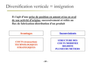 Il s'agit d'une prise de position en amont et/ou en aval
de son activité d'origine, successivement et reliée au
flux de fabrication-distribution d'un produit
Avantages
COUTS (transaction)
TECHNOLOGIQUES
STRATEGIQUES
Inconvénients
STRUCTURE DES
COUTS MODIFIEE
RIGIDITE
PLUSIEURS METIERS
Diversification verticale = intégration
- 89 -
 