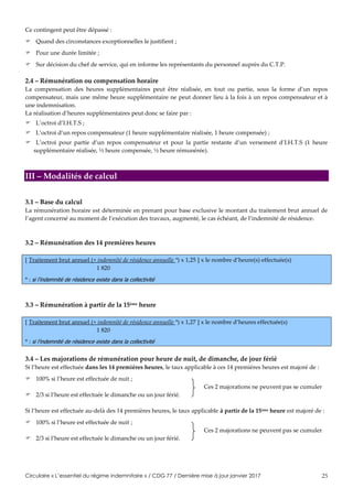 Circulaire « L’essentiel du régime indemnitaire » / CDG 77 / Dernière mise à jour janvier 2017 25
Ce contingent peut être dépassé :
 Quand des circonstances exceptionnelles le justifient ;
 Pour une durée limitée ;
 Sur décision du chef de service, qui en informe les représentants du personnel auprès du C.T.P.
2.4 – Rémunération ou compensation horaire
La compensation des heures supplémentaires peut être réalisée, en tout ou partie, sous la forme d’un repos
compensateur, mais une même heure supplémentaire ne peut donner lieu à la fois à un repos compensateur et à
une indemnisation.
La réalisation d’heures supplémentaires peut donc se faire par :
 L’octroi d’I.H.T.S ;
 L’octroi d’un repos compensateur (1 heure supplémentaire réalisée, 1 heure compensée) ;
 L’octroi pour partie d’un repos compensateur et pour la partie restante d’un versement d’I.H.T.S (1 heure
supplémentaire réalisée, ½ heure compensée, ½ heure rémunérée).
III – Modalités de calcul
3.1 – Base du calcul
La rémunération horaire est déterminée en prenant pour base exclusive le montant du traitement brut annuel de
l’agent concerné au moment de l’exécution des travaux, augmenté, le cas échéant, de l’indemnité de résidence.
3.2 – Rémunération des 14 premières heures
[ Traitement brut annuel (+ indemnité de résidence annuelle *) x 1,25 ] x le nombre d’heure(s) effectuée(s)
1 820
* : si l’indemnité de résidence existe dans la collectivité
3.3 – Rémunération à partir de la 15ème heure
[ Traitement brut annuel (+ indemnité de résidence annuelle *) x 1,27 ] x le nombre d’heures effectuée(s)
1 820
* : si l’indemnité de résidence existe dans la collectivité
3.4 – Les majorations de rémunération pour heure de nuit, de dimanche, de jour férié
Si l’heure est effectuée dans les 14 premières heures, le taux applicable à ces 14 premières heures est majoré de :
 100% si l’heure est effectuée de nuit ;
Ces 2 majorations ne peuvent pas se cumuler
 2/3 si l’heure est effectuée le dimanche ou un jour férié.
Si l’heure est effectuée au-delà des 14 premières heures, le taux applicable à partir de la 15ème heure est majoré de :
 100% si l’heure est effectuée de nuit ;
Ces 2 majorations ne peuvent pas se cumuler
 2/3 si l’heure est effectuée le dimanche ou un jour férié.
 