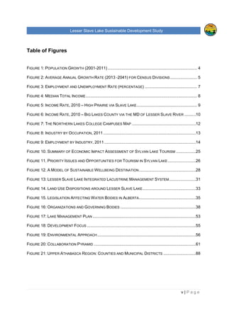 Lesser Slave Lake Sustainable Development Study
ii | P a g e
Table of Contents
TABLE OF FIGURES..............................................................................................................................V
EXECUTIVE SUMMARY........................................................................................................................VI
I. INTRODUCTION .............................................................................................................................1
II. HISTORICAL TRENDS ...................................................................................................................3
POPULATION .........................................................................................................................................3
EMPLOYMENT & LABOUR ........................................................................................................................6
INCOME ................................................................................................................................................8
CREATIVE CLASS & TYPE OF INDUSTRIES IN THE REGION.........................................................................11
VISITORS, EXPENDITURE AND POTENTIAL DEMAND FOR RURAL VACATION .................................................16
TOURISM FACILITIES, ATTRACTIONS & THEIR CAPACITIES, LEVEL OF OCCUPANCY ......................................18
TOURISM ANALYSIS OF OTHER RURAL AREAS.........................................................................................25
Sylvan Lake, Alberta......................................................................................................................25
Prince Edward County, Ontario ......................................................................................................27
Lakeland, Finland ..........................................................................................................................28
III. LAKE MANAGEMENT ..............................................................................................................30
INTEGRATED LACUSTRINE MANAGEMENT SYSTEM (ILMS)........................................................................30
RULES AND REGULATIONS AROUND THE LESSER SLAVE LAKE ..................................................................32
ORGANIZATIONS AND COMMUNITIES ......................................................................................................37
INDUSTRY, AGRICULTURE AND RAILWAY.................................................................................................39
IV. FUTURE OPPORTUNITIES.......................................................................................................40
LAKE CAPACITY FOR FURTHER DEVELOPMENT AND ITS SURROUNDING AREA.............................................40
Tourism and Recreation.................................................................................................................41
Private and Residential Development.............................................................................................45
CONTEMPORARY STRATEGY .................................................................................................................46
ANALYSIS OF THE LESSER SLAVE LAKE MANAGEMENT FOR RECREATION AND TOURISM ..............................47
MARKETING.........................................................................................................................................50
V. ANALYSIS OF PRIMARY AND SECONDATY DATA....................................................................52
FUTURE DEVELOPMENT........................................................................................................................52
Development Strategies.................................................................................................................52
Development focus ........................................................................................................................54
ENVIRONMENTAL APPROACH ................................................................................................................56
 