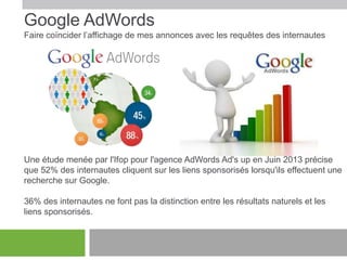 Google AdWords
Faire coïncider l’affichage de mes annonces avec les requêtes des internautes

Une étude menée par l'Ifop pour l'agence AdWords Ad's up en Juin 2013 précise
que 52% des internautes cliquent sur les liens sponsorisés lorsqu'ils effectuent une
recherche sur Google.
36% des internautes ne font pas la distinction entre les résultats naturels et les
liens sponsorisés.

 