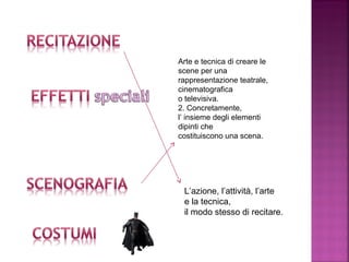 L’azione, l’attività, l’arte
e la tecnica,
il modo stesso di recitare.
Arte e tecnica di creare le
scene per una
rappresentazione teatrale,
cinematografica
o televisiva.
2. Concretamente,
l’ insieme degli elementi
dipinti che
costituiscono una scena.
 