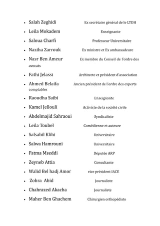  Salah Zeghidi Ex secrétaire général de le LTDH
 Leila Mokadem Enseignante
 Saloua Charfi Professeur Universitaire
 Naziha Zarrouk Ex ministre et Ex ambassadeure
 Nasr Ben Ameur Ex membre du Conseil de l’ordre des
avocats
 Fathi Jelassi Architecte et président d’association
 Ahmed Belaifa Ancien président de l’ordre des experts
comptables
 Raoudha Saibi Enseignante
 Kamel Jellouli Activiste de la société civile
 Abdelmajid Sahraoui Syndicaliste
 Leila Toubel Comédienne et auteure
 Salsabil Klibi Universitaire
 Salwa Hamrouni Universitaire
 Fatma Mseddi Députée ARP
 Zeyneb Attia Consultante
 Walid Bel hadj Amor vice président IACE
 Zohra Abid Journaliste
 Chahrazed Akacha Journaliste
 Maher Ben Ghachem Chirurgien orthopédiste
 