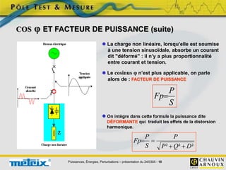Puissances, Énergies, Perturbations – présentation du 24/0305 - 10
S
P
Fp
²
²
² D
Q
P
P
S
P
Fp




 La charge non linéaire, lorsqu’elle est soumise
à une tension sinusoïdale, absorbe un courant
dit "déformé" : il n’y a plus proportionnalité
entre courant et tension.
 On intègre dans cette formule la puissance dite
DÉFORMANTE qui traduit les effets de la distorsion
harmonique.
COS φ ET FACTEUR DE PUISSANCE (suite)
 Le cosinus φ n’est plus applicable, on parle
alors de : FACTEUR DE PUISSANCE
 