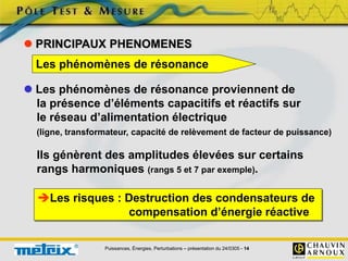 Puissances, Énergies, Perturbations – présentation du 24/0305 - 14
 PRINCIPAUX PHENOMENES
 Les phénomènes de résonance proviennent de
la présence d’éléments capacitifs et réactifs sur
le réseau d’alimentation électrique
(ligne, transformateur, capacité de relèvement de facteur de puissance)
Les risques : Destruction des condensateurs de
compensation d’énergie réactive
Les phénomènes de résonance
Ils génèrent des amplitudes élevées sur certains
rangs harmoniques (rangs 5 et 7 par exemple).
 