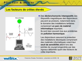 Puissances, Énergies, Perturbations – présentation du 24/0305 - 16
 Des déclenchements intempestifs des
dispositifs magnétiques des disjoncteurs
peuvent se produire, notamment dans
le domaine des installations tertiaires
comprenant un parc de matériel
informatique important.
Ils sont bien souvent dus aux problèmes
de pollution harmonique.
Les facteurs de crêtes élevés
Les disjoncteurs assurant la protection
des installations électriques comprenant
des matériels informatiques voient leur
seuil de sensibilité atteint lors des
pointes de courant engendrés par des
signaux déformés ayant des facteurs de
crête importants.
 