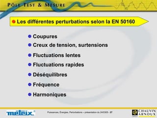 Puissances, Énergies, Perturbations – présentation du 24/0305 - 27
 Les différentes perturbations selon la EN 50160
 Coupures
 Creux de tension, surtensions
 Fluctuations lentes
 Fluctuations rapides
 Déséquilibres
 Fréquence
 Harmoniques
 