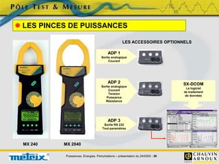 Puissances, Énergies, Perturbations – présentation du 24/0305 - 36
 LES PINCES DE PUISSANCES
MX 240 MX 2040
LES ACCESSOIRES OPTIONNELS
ADP 1
Sortie analogique
Courant
ADP 2
Sortie analogique
Courant
Tension
Puissance
Résistance
ADP 3
Sortie RS 232
Tout paramètres
SX-DCOM
Le logiciel
de traitement
de données
 