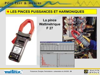 Puissances, Énergies, Perturbations – présentation du 24/0305 - 38
 LES PINCES PUISSANCES ET HARMONIQUES
La pince
Wattmétrique
F 27
 