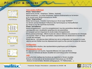 Puissances, Énergies, Perturbations – présentation du 24/0305 - 42
Ecran Oscilloscope
Ecran Puissance
Ecran FFT
Ecran Fresnel
Trois modes d'affichage
Phase "observation"
Mode forme d'onde : Graphique, Tableau, Vectoriel.
Mode transitoires : Le mode transitoires, capture d'événements sur la tension
et le courant avec déclenchements sur seuils.
Phase "diagnostique"
Mode harmoniques : Fonction harmonique en VA et mode "EXPERT" .
Ce dernier permet d'analyser l'influence des harmoniques sur l'échauffement
du neutre ou sur les machines tournantes.
Phase "surveillance"
Mode enregistrement : Lors d'un enregistrement, tous les paramètres désirés sont
sauvegardés avec visualisation graphique de ces paramètres.
Un bargraph permet d'apprécier la durée totale d'enregistrement.
Mode puissance/énergie : Affiche toutes les valeurs relatives à la puissance et à l'énergie.
Les touches "Start" et "Stop" permettent, respectivement, de déclencher et d'arrêter les
cumuls des énergies.
Mode alarme : Les alarmes étant définies lors de la configuration de l'appareil, le mode
alarme permet d'éditer tous les dépassements ayant eu lieu pendant la prise de mesure.
Configuration
La configuration intuitive, des représentations graphiques sont privilégiées.
Photographie d'écran
En appuyant sur une touche, l'appareil effectue une copie de l'écran.
La mise en mémoire de l'écran visualisé est automatique avec horodatage.
Aide
La touche Aide explique les fonctions se rapportant à l'écran visualisé.
Notices commerciale et de fonctionnement interactives sur CD ROM
(Notions fondamentales, Modules pédagogiques, T.P, Référentiels,…)
 