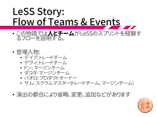 LeSS Framework Elements
• ルール ― グループが守り、やるべきこと。スプリントプランニング1と2や、
単一のプロダクトバックログと出荷判断可能なプロダクトなど。LeSSルー
ルには、役割、成果物、イベントそれぞれに対応するものがある。
• シンプルで数少ないLeSSルールは、わずかな「事前に定めた」感をバラ
ンスよく、経験的プロセス制御に交える。とりわけ新たに始めるグループ
にとって、最初に「なにをどう」したらいいか、正しい方向に向ける効果が
ある。そしてLeSSにおける透明性を実現することができる。
• 「最初はきっちりと」というアプローチは、数多くの学習モデルに見られる
初学者のニーズに応えるものだ。ジャズのトランペット奏者であり教師で
もあるClark Terryは、学びを次のようにまとめている。真似、適応、改革。
これはまた合気道の守破離(従う、分かれる、昇華する)としても知られる。
• ガイド ― 試してみるべきアドバイス。LeSS導入の経験者から与えられ
る。例えばスプリント中にチームどうしがどう調整するかなど。適当かも不
適当かもしれず、継続的改善の実験の範疇になる。
 