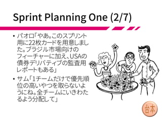 Sprint Planning One (1/7)
• デイブが大部屋に入ると、もう人が集まっていまし
た。5チームから各2名の代表者。トレード・マージン
チームのスクラムマスターのサムもいます。プロダ
クトオーナー件プロダクトマネージャのパオロに加
え、2名のプロダクトマネージャもいます。
• これから、4回目の2週間スプリントのスプリントプラ
ンニング1が始まります。時間は2時間です。
 