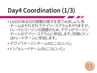 Overall Retrospective
• 翌日、スプリントの2日目に、サムと他のスクラムマス
ター、プロダクトオーナーのパオロ、サイトマネージャの
メアリー、各チームからの代表1名ずつが、全員集まって
90分の全体レトロスペクティブを開催しました。前スプリ
ントがチームごとのレトロスペクティブで終わってしまっ
たので、全体でできなかったためです。
• システム全体の課題や改善にフォーカスし、調整、情報
共有、問題解決について離しました。
• 以前、スクラムオブスクラムを試したもののあまり上手く
いかなかったので、サムがオープンスペースという手法
を紹介し、このスプリントで試すことになりました。
 