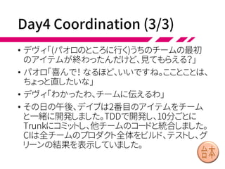 Day4 Coordination (2/3)
• デイリースクラム後、45分のオープンスペースセッションに、各チームの
代表が集まります。デイブとデヴィも参加します。サムがファシリテータに
なり、チーム間の調整をします。
• ドン「僕は今年のテスト仲間(community of practice=CoP)の調整役だ。
ダコタ、来てくれ」
• ダコタ「自動受け入れテストを導入したいの。賛成なら、インフラをうちの
チームで作るわ」
• デイブ「(別の場所で独り言をいう)アーキテクチャ仲間(CoP)は、今日は
いないな。このスプリントでミーティングはないけれど、スパイクしたいこ
とがあるから、CoPコミュニケーションツールに書き込んでおこう」
• デヴィ「CIシステムがおかしいわね。今スプリントはうちのチームが担当
だから、見てみなきゃ。(デイブに向かって)デイブ、ペアで調べたいんだ
けど、あとで時間もらえる？」
• デイブ「いいとも」
• サム「全体レトロスペクティブはこれで終わりだ。おつかれさま」
 