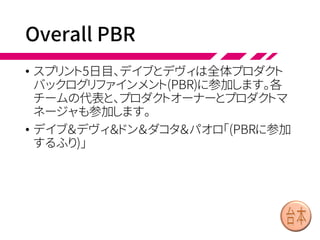 Day4 Coordination (3/3)
• デヴィ「(パオロのところに行く)うちのチームの最初
のアイテムが終わったんだけど、見てもらえる？」
• パオロ「喜んで！ なるほど、いいですね。こことことは、
ちょっと直したいな」
• デヴィ「わかったわ、チームに伝えるわ」
• その日の午後、デイブは2番目のアイテムをチーム
と一緒に開発しました。TDDで開発し、10分ごとに
Trunkにコミットし、他チームのコードと統合しました。
CIは全チームのプロダクト全体をビルド、テストし、グ
リーンの結果を表示していました。
 