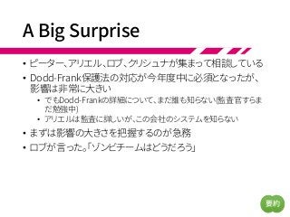 A Big Surprise
• ピーター、アリエル、ロブ、クリシュナが集まって相談している
• Dodd-Frank保護法の対応が今年度中に必須となったが、
影響は非常に大きい
• でもDodd-Frankの詳細について、まだ誰も知らない(監査官すらま
だ勉強中)
• アリエルは監査に詳しいが、この会社のシステムを知らない
• まずは影響の大きさを把握するのが急務
• ロブが言った。「ゾンビチームはどうだろう」
要約
 