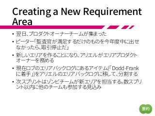 Creating a New Requirement
Area
• 翌日、プロダクトオーナーチームが集まった
• ピーター「監査官が満足するだけのものを今年度中に出せ
なかったら、取引停止だ」
• 新しいエリアを作ることになり、アリエルがエリアプロダクト
オーナーを務める
• 現在ロブのエリアバックログにあるアイテム(「Dodd-Frank
に着手」)をアリエルのエリアバックログに移して、分割する
• 次スプリントはゾンビチームが新エリアを担当する。数スプリ
ント以内に他のチームも参加する見込み
要約
 