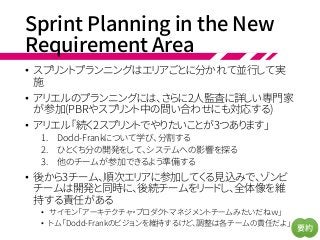 Sprint Planning in the New
Requirement Area
• スプリントプランニングはエリアごとに分かれて並行して実
施
• アリエルのプランニングには、さらに2人監査に詳しい専門家
が参加(PBRやスプリント中の問い合わせにも対応する)
• アリエル「続く2スプリントでやりたいことが3つあります」
1. Dodd-Frankについて学び、分割する
2. ひとくち分の開発をして、システムへの影響を探る
3. 他のチームが参加できるよう準備する
• 後から3チーム、順次エリアに参加してくる見込みで、ゾンビ
チームは開発と同時に、後続チームをリードし、全体像を維
持する責任がある
• サイモン「アーキテクチャ・プロダクトマネジメントチームみたいだねｗ」
• トム「Dodd-Frankのビジョンを維持するけど、調整は各チームの責任だよ」
要約
 
