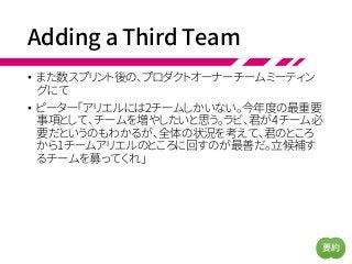 Adding a Third Team
• また数スプリント後の、プロダクトオーナーチームミーティン
グにて
• ピーター「アリエルには2チームしかいない。今年度の最重要
事項として、チームを増やしたいと思う。ラビ、君が4チーム必
要だというのもわかるが、全体の状況を考えて、君のところ
から1チームアリエルのところに回すのが最善だ。立候補す
るチームを募ってくれ」
要約
 