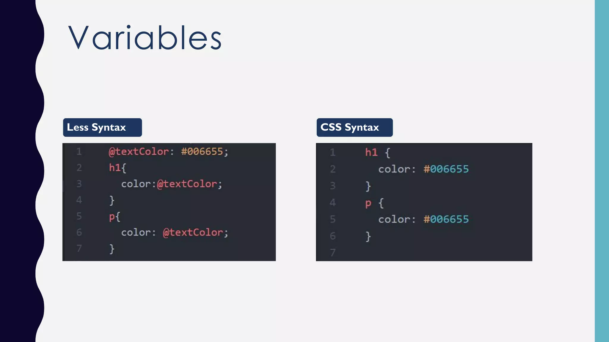 Variables Less Syntax CSS Syntax 