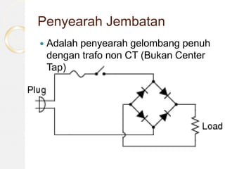 Penyearah Jembatan
 Adalah penyearah gelombang penuh
dengan trafo non CT (Bukan Center
Tap)
 