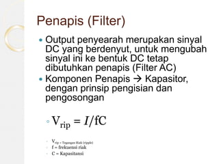 Penapis (Filter)
 Output penyearah merupakan sinyal
DC yang berdenyut, untuk mengubah
sinyal ini ke bentuk DC tetap
dibutuhkan penapis (Filter AC)
 Komponen Penapis  Kapasitor,
dengan prinsip pengisian dan
pengosongan
◦ Vrip = I/fC
◦ Vrip = Tegangan Riak (ripple)
◦ f = frekuensi riak
◦ C = Kapasitansi
 