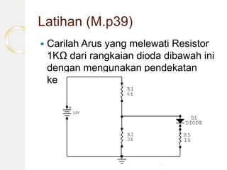 Latihan (M.p39)
 Carilah Arus yang melewati Resistor
1KΩ dari rangkaian dioda dibawah ini
dengan mengunakan pendekatan
kedua
 