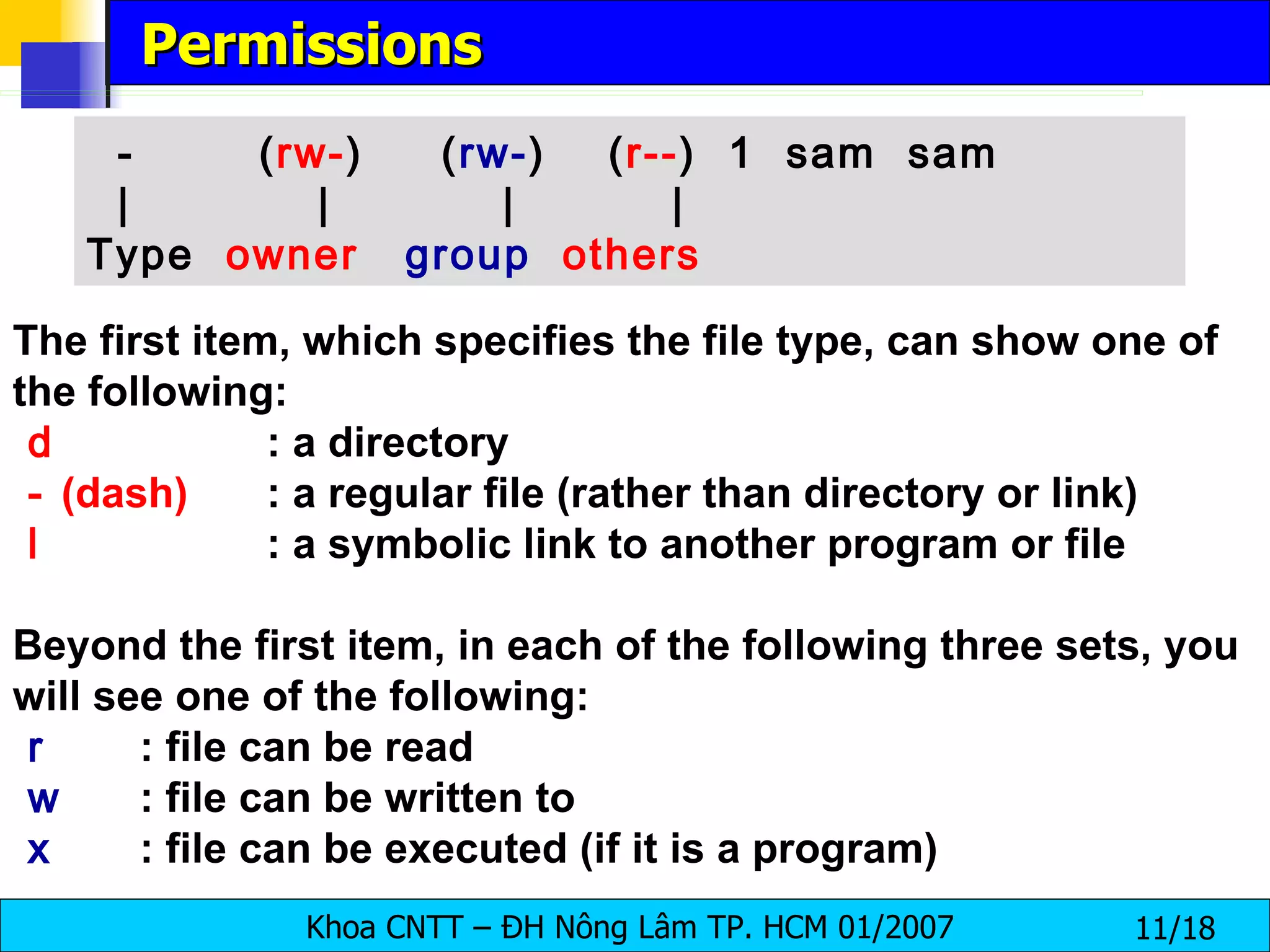 Permissions The first item, which specifies the file type, can show one of the following:  d   : a directory  -  (dash)   : a regular file (rather than directory or link)  l   : a symbolic link to another program or file Beyond the first item, in each of the following three sets, you will see one of the following:  r   : file can be read  w   : file can be written to  x   : file can be executed (if it is a program)   -  ( rw- )  ( rw- )  ( r-- )  1  sam  sam  |  |  |  | Type  owner   group   others   