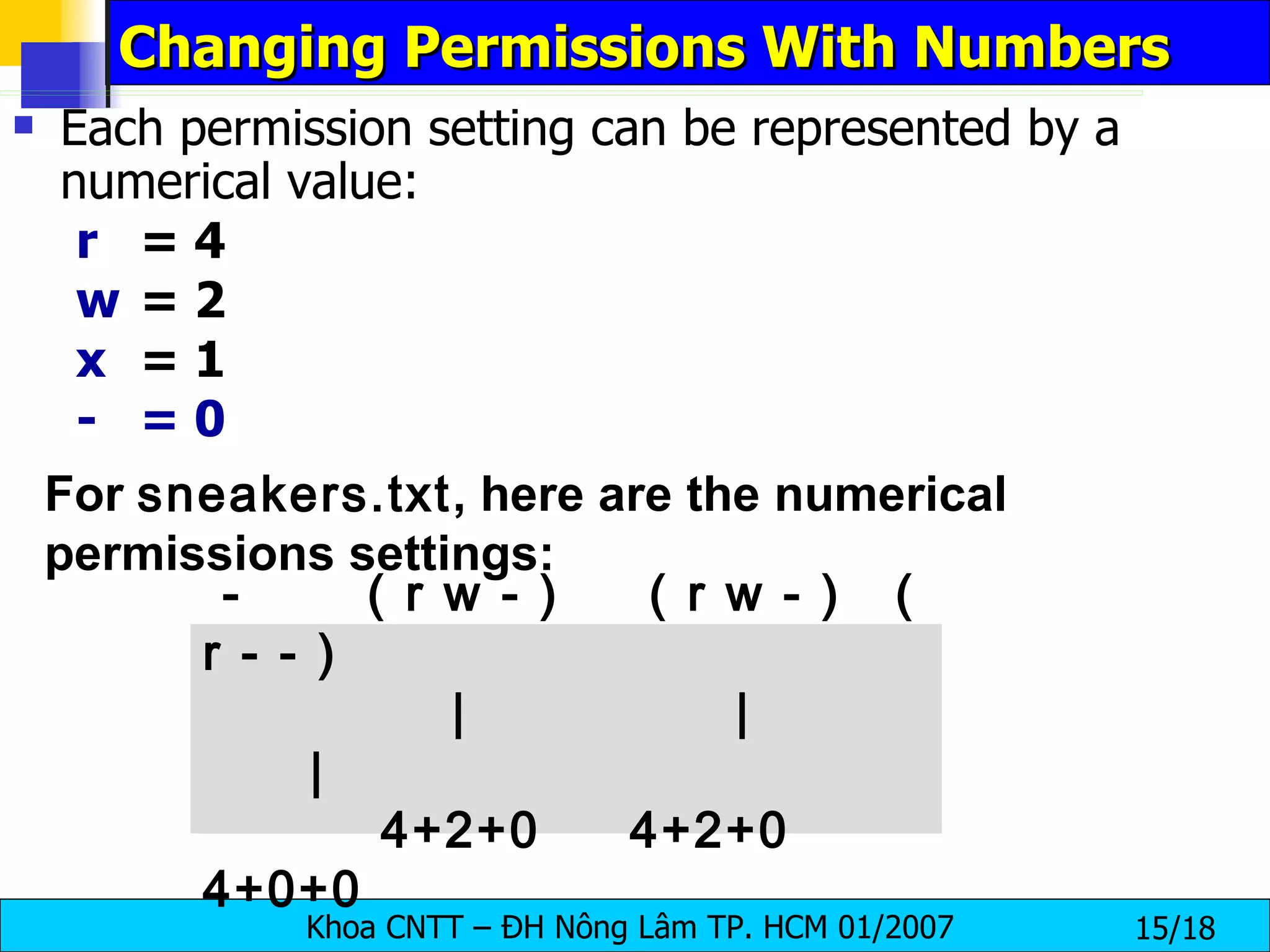 Changing Permissions With Numbers Each permission setting can be represented by a numerical value:  r   = 4  w   = 2  x   = 1  -   = 0  For  sneakers.txt , here are the numerical permissions settings:   -  ( r w - )  ( r w - )  ( r - - )  |  |  |    4+2+0  4+2+0  4+0+0 