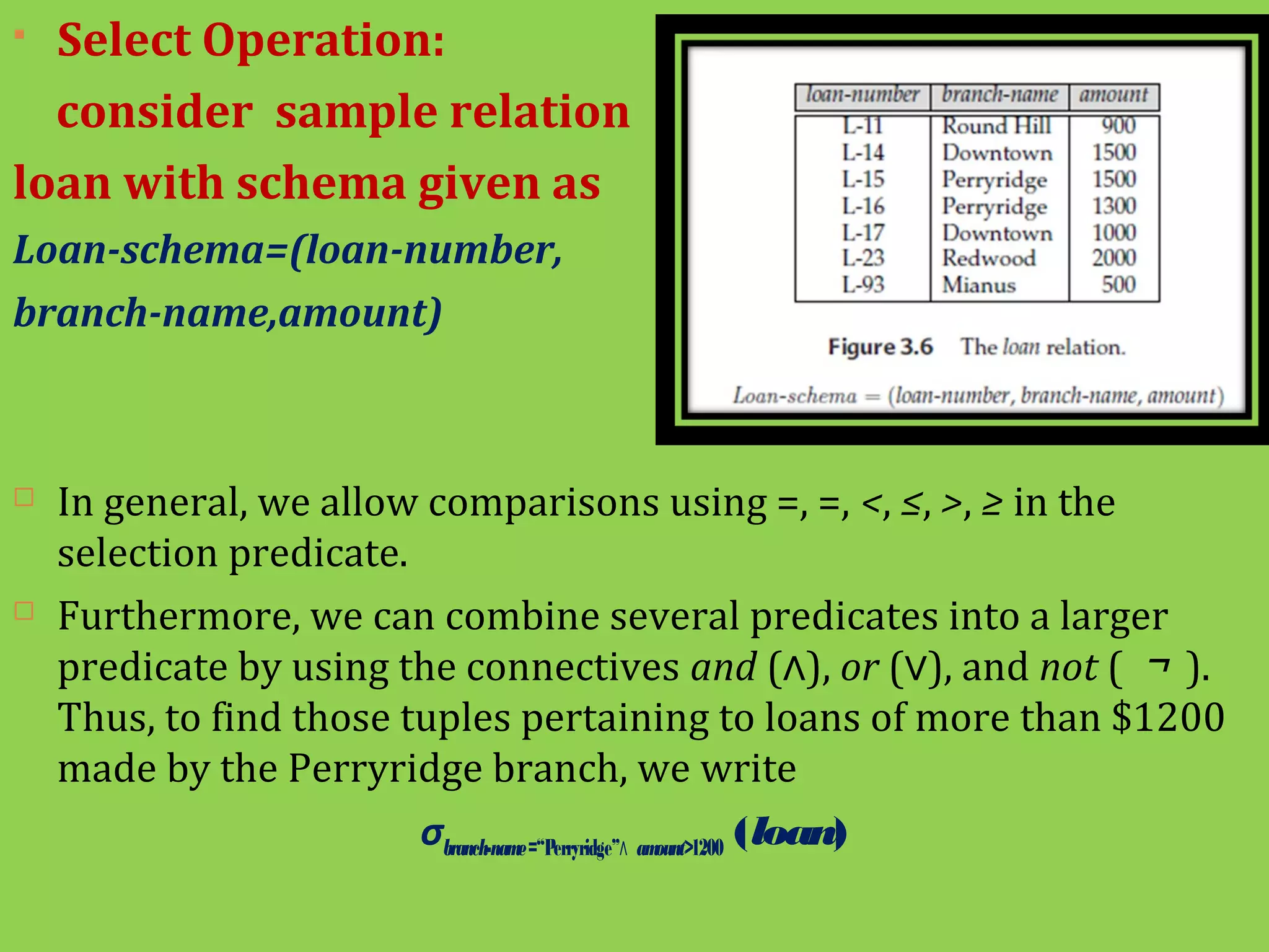  Select Operation:
consider sample relation
loan with schema given as
Loan-schema=(loan-number,
branch-name,amount)
 In general, we allow comparisons using =, =, <, ≤, >, ≥ in the
selection predicate.
 Furthermore, we can combine several predicates into a larger
predicate by using the connectives and (∧), or (∨), and not ( ￢ ).
Thus, to find those tuples pertaining to loans of more than $1200
made by the Perryridge branch, we write
σbranch-name=“Perryridge” amount>∧ 1200 (loan)
 
