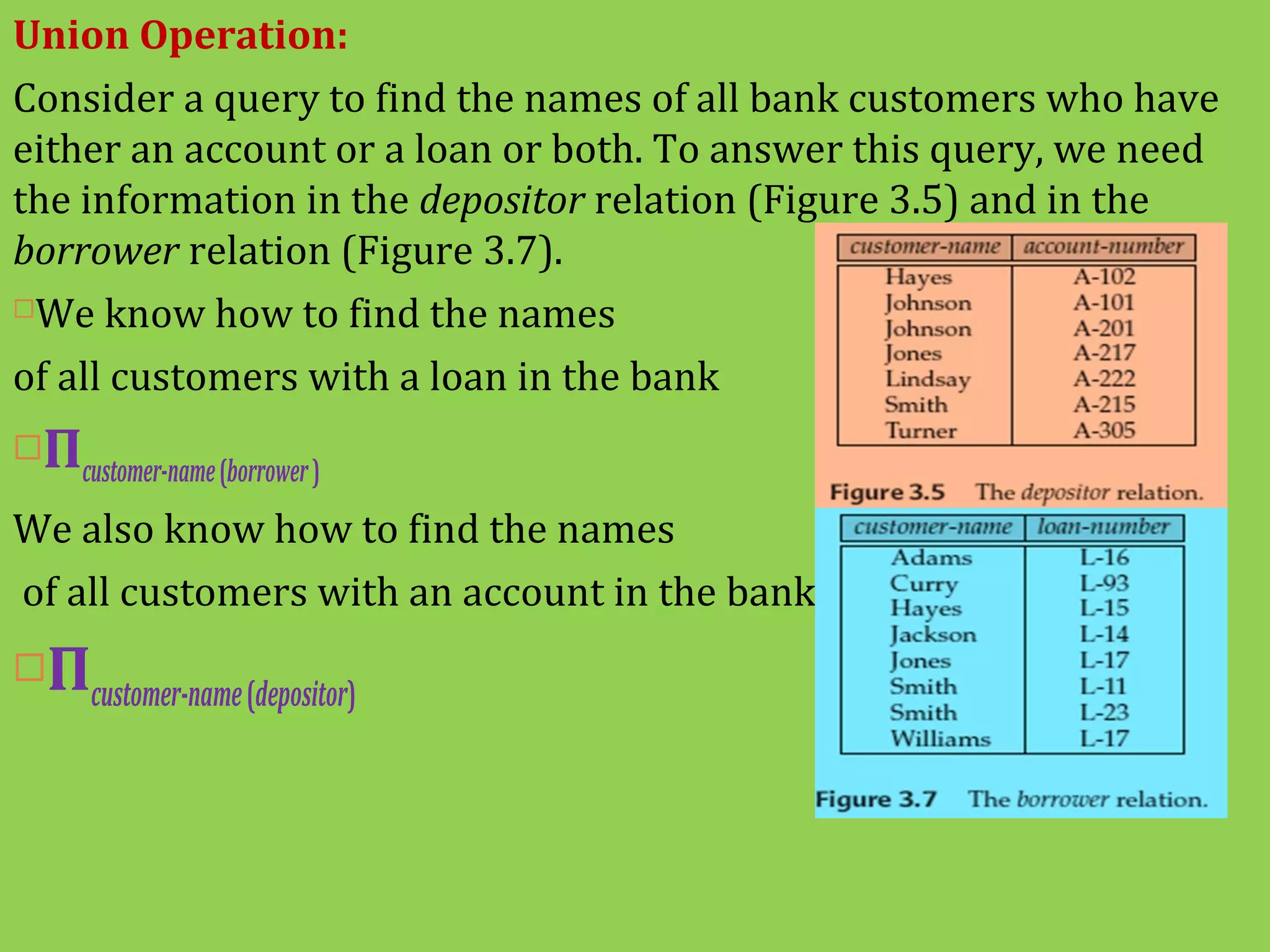 Union Operation:
Consider a query to find the names of all bank customers who have
either an account or a loan or both. To answer this query, we need
the information in the depositor relation (Figure 3.5) and in the
borrower relation (Figure 3.7).
We know how to find the names
of all customers with a loan in the bank
Πcustomer-name(borrower)
We also know how to find the names
of all customers with an account in the bank:
Πcustomer-name(depositor)
 