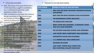  STYLE AND FEATURSES:
 Mies, like many of his post-World War I
contemporaries, sought to establish a
new architectural style that could
represent modern times.
 Mies' architecture has been described as
being expressive of the industrial age.
 He created an influential twentieth-
century architectural style, stated with
extreme clarity and simplicity.
 His mature buildings made use of
modern materials such as industrial steel
and plate glass to define interior
spaces.He strove toward an architecture
with a minimal framework of structural
order balanced against the implied
freedom of unobstructed free-flowing
open space.
 He called his buildings "skin and bones"
architecture.Mies found appeal in the
use of simple rectilinear and planar
forms, clean lines, pure use of color, and
the extension of space around and
beyond interior walls.
TIME PERIOD WORKS OF MIES DE VAN DER ROHE
1921 MIES VAN DER ROHE DESIGNED FRIEDERICHSTRASSE
SKYSCRAPER
1922 MIES VAN DER ROHE DESIGNS GLASS SKYSCRAPER
1927 THE WEISSENHOF ESTATE WAS BUILT
1929 THE BARCELONA PAVILION
1930 BRNO CHAIR WAS DESIGNED, TUGENDHAT CHAIR
AND VILLA WAS DESIGNED
1946 THE SECOND CHIACAGO SCHOOL WAS DESIGNED
1949 LAKE SHORT DRIVE APARTMENT WAS DESIGNED
1951 FANSWORTH HOUSE WAS DESIGNED
1956 S. R. CROWN HALL WAS COMPLETED
1957 SEAGRAM BUILDING
1968 LAKE POINT TOWER WAS COMPLETED,
NEUV NATIONAL GALLERY WAS BUILT
 TIMELINE OF VAN DER ROHE WORKS:
 