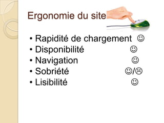 Ergonomie du site
• Rapidité de chargement 
• Disponibilité 
• Navigation 
• Sobriété /
• Lisibilité 
 